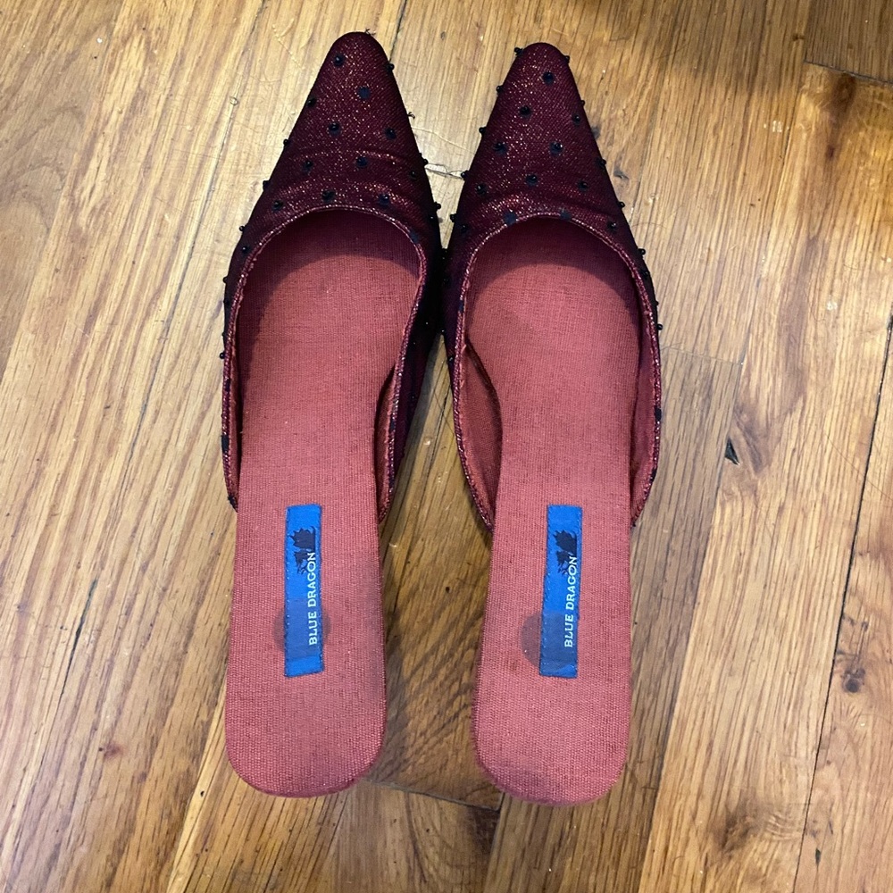 Vintage blue dragon heeled mules DESIGNER